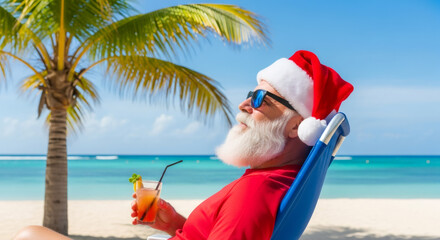 Santa Claus relaxing on a tropical beach chair, wearing sunglasses and a festive red hat, enjoying a colorful cocktail with palm trees and ocean in the background, perfect for holiday vibes