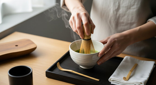 Close-up of hands whisking hot matcha green tea in a traditional ceremony, embodying a moment of peaceful mindfulness