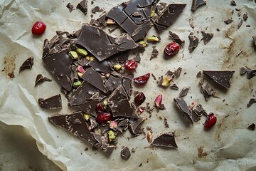 Festive chocolate bark broken into chunks, featuring nuts and colorful candy toppings.