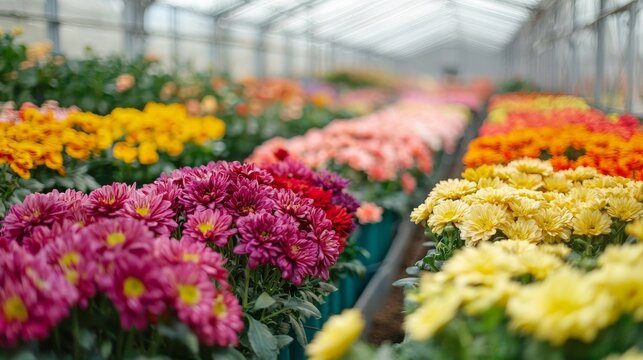 A wide shot of a greenhouse filled with colorful flowers, arranged in neat rows and ready for market