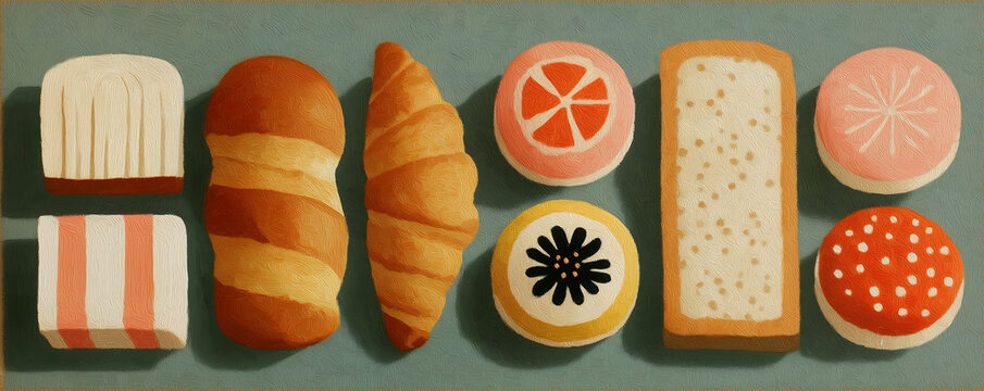 Cozy bakery display with assorted breads on beige background
