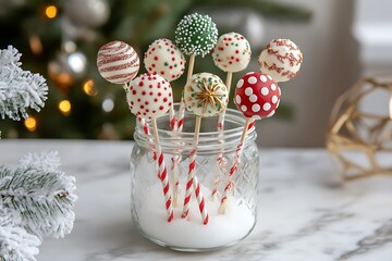 Holiday-themed cake pops decorated with shimmering icing and colorful festive accents.