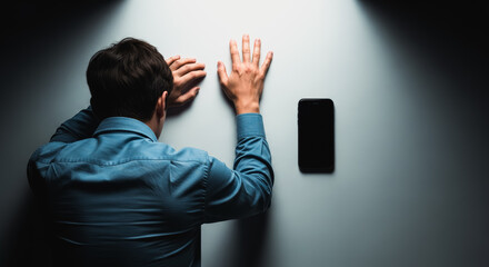 A man leans against a wall, his face hidden, with a solitary smartphone resting nearby, bathed in a dramatic spotlight, conveying a sense of isolation and digital disconnection.
