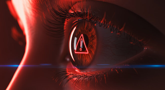 Intriguing visual of a close-up eye with digital warning symbols, it merges technology and human elements, conveying a message of alertness and caution.
