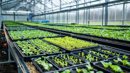 A wide shot of a greenhouse nursery, with young plants in trays ready to be transplanted into fields