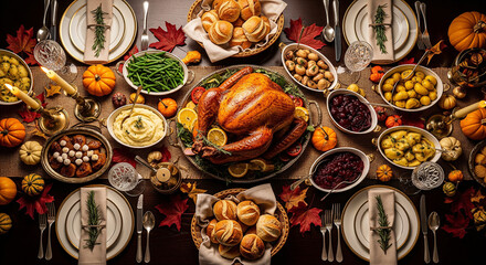 An abundant Thanksgiving dinner spread featuring a whole roasted turkey, classic side dishes, and festive autumnal decor