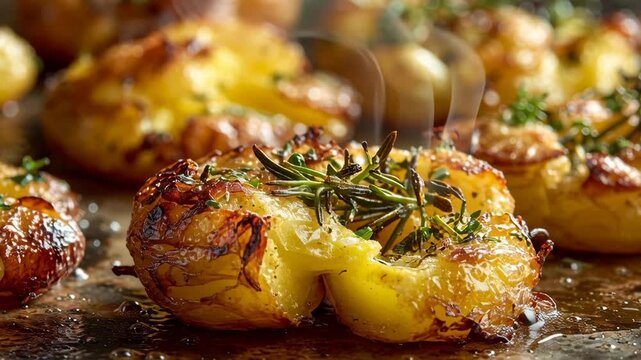 Golden smashed potatoes with herbs glistening on rustic baking sheet delicious presentation