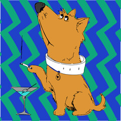 Illustration art vector, hand drawn, line, cute character dog with a cocktail and a cigarette, joke, poster