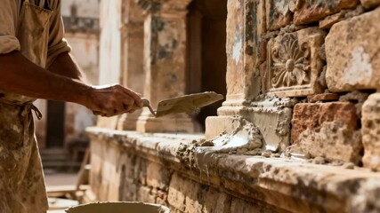 Artisan applying lime mortar to Colonialera stone walls showcasing the delicate process of preserving centuriesold masonry structures.
