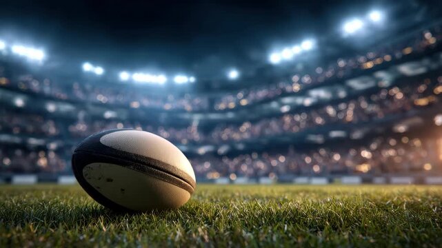 Excitement builds in the stadium as a rugby ball rests on the grass before a thrilling match at night
