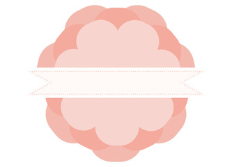 rounded decorative badge with layered soft pastel petals and a blank ribbon banner across its center.