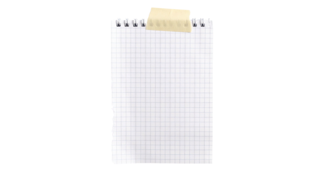 A grid-lined notepad with a torn edge and taped section