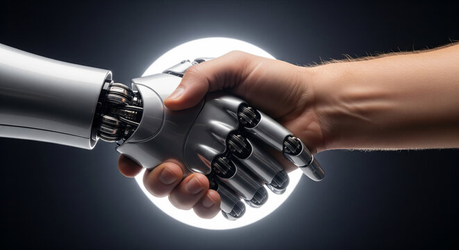 Robotic hand and human hand shaking hands in agreement with a bright light in the background symbolizing partnership and future technology