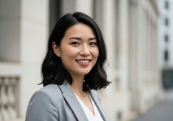 Smiling asian businesswoman in a grey blazer posing outdoors with a blurred urban background