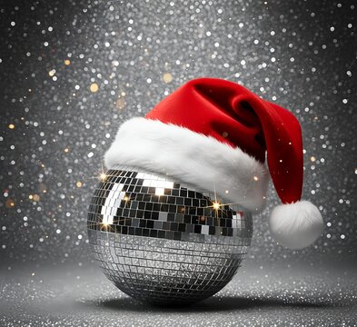 Disco ball with Santa hat on glittery silver backdrop creates festive Christmas party mood