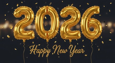 Golden 2026 happy new year balloons with confetti