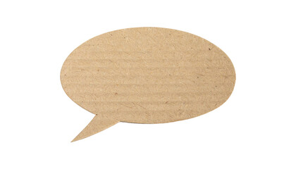 A brown, oval speech bubble cut from cardboard against a stark black background