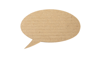 A brown, oval speech bubble cut from cardboard against a stark black background