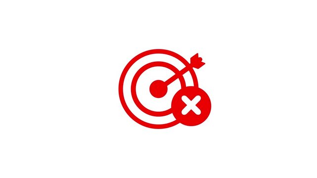 Error target icon in cartoon animation. Failed goal and missed target symbol. Business strategy failure sign. Target, Aim, Goal and cross icon animation.