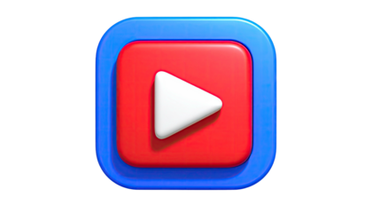3D graphic of a red square within a blue square with a white play button