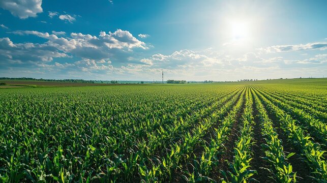 A wide shot of a large agricultural field with IoT devices monitoring soil moisture and nutrient levels
