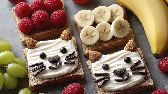 Toast with toppings raspberries bananas catfaced cream grapes and a banana are arranged on a gray surface