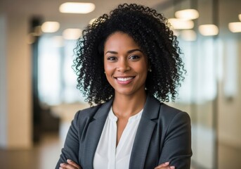 Confident professional woman with curly hair smiling in a business setting