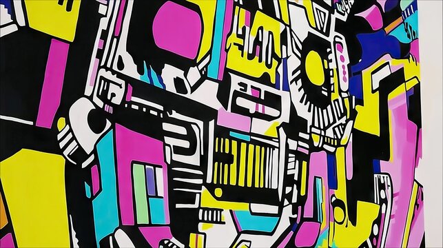 Vibrant abstract artwork featuring geometric shapes, bold colors like yellow, pink, and blue, and a dynamic, graphic style.