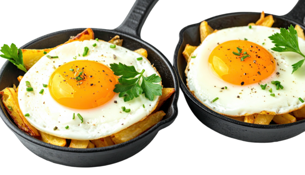 Two skillets of fried eggs over golden fries, garnished with parsley