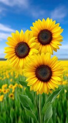 Obraz premium Three vibrant yellow sunflowers in full bloom stand tall in a green field, with a blurred background of more sunflowers under a bright blue sky with scattered c