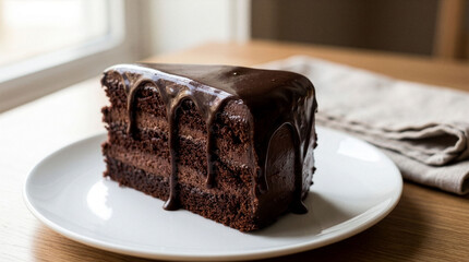 A delicious and tempting slice of chocolate cake, generously covered in rich, dark chocolate ganache. The cake, with its moist layers and crumbly texture, sits elegantly on a clean white plate