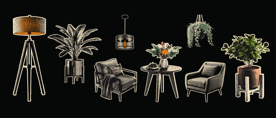 set of Modern furniture halftone collage cutouts. vintage dot texture illustration. indoor plant, lounge, chair, cushion, throw blanket, Hanging plant, light, side table with transparent background.