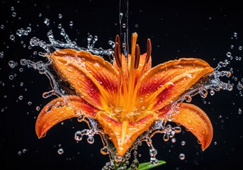 Vibrant orange lily flower captured in mid splash of water against a dark background