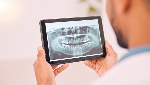 Hands, dentist and tablet screen for x ray, teeth diagnosis or plan for healthcare treatment