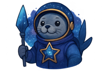 Cute cosmic seal astronaut holding a stellar spear