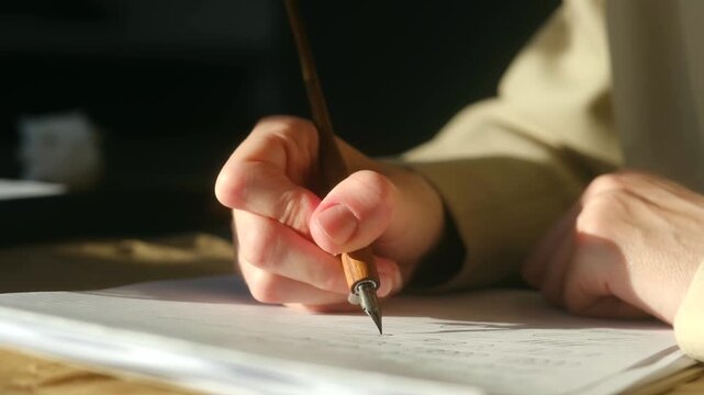 Close up view of a hand carefully writing script on a piece of paper using a traditional dip pen with a wooden handle, illuminated by natural sunlight from a window for a warm, classic feel