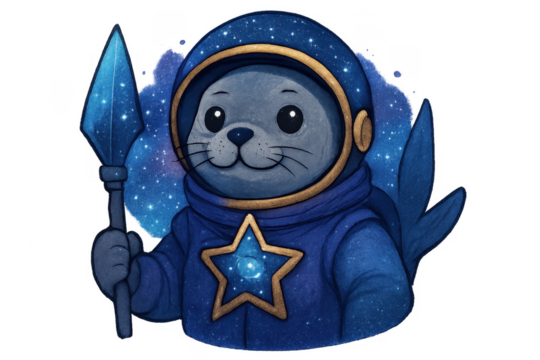 Cute cosmic seal astronaut holding a stellar spear - Powered by Adobe