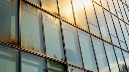 Medium shot capturing photocatalytic glass breaking down organic dirt under sunlight on a sleek building facade.