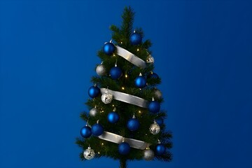 Blue Christmas Tree with Silver Ribbon and Mirrorball Ornaments on Blue Festive Background