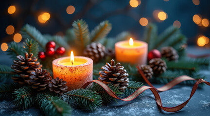 Warm candlelight pine branch pine cone red ribbon holiday decor festive winter cozy glowing bokeh gently create serene Christmas mood with soft light evergreen berries and ribbon inviting warmth