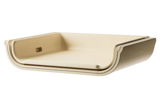 Molded beige plastic baby changing station tray with curved sides isolated with transparent background