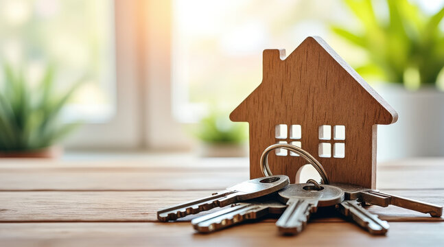 Wooden house key chain house key real estate home ownership mortgage property key ring front door move in new home