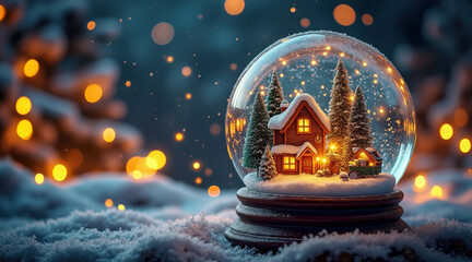 Cozy winter village snow globe warm lights pine tree snowfall festive holiday miniature cabin glowing bokeh magical night serene scene nostalgic charm