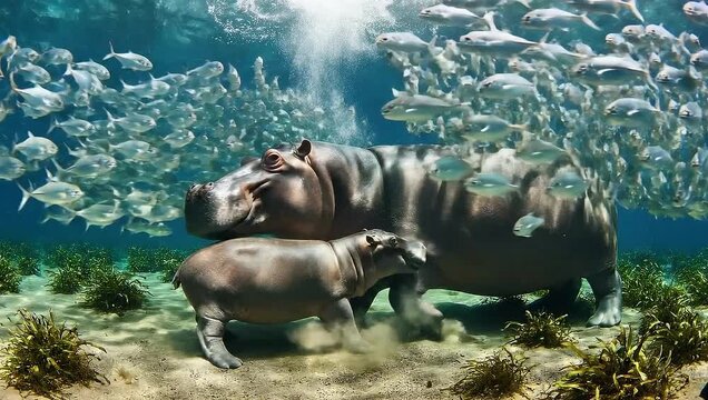 Hippopotamus Family Underwater A Stunning Display of Wildlife and Marine Life