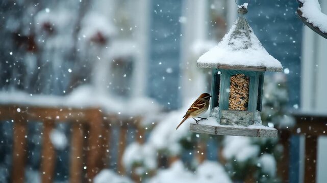 Bird visiting a snow-covered feeder on a cold winter day in a cozy neighborhood garden