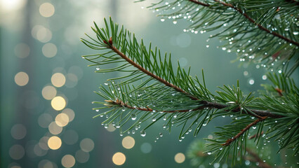 Green pine needles water droplets morning dew close up evergreen branch bokeh background soft light forest freshness nature serenity fill frame with sparkling drops and calm mood, gentle focus