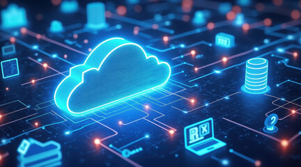 Cloud computing data transfer network digital technology neon server database cybersecurity online storage connection infrastructure virtualization futuristic artificial intelligence analytics