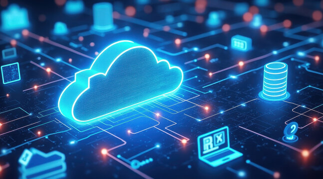 Cloud computing data transfer network digital technology neon server database cybersecurity online storage connection infrastructure virtualization futuristic artificial intelligence analytics