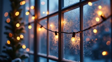 Warm bokeh winter window frosted glass string light cozy glow holiday decor snow outside evening dusk indoor warmth festive mood create serene winter scene with warm bokeh glowing along frosted