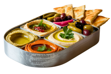 Metal tray filled with hummus, dips, olives, pickles, and pita bread isolated with transparent background